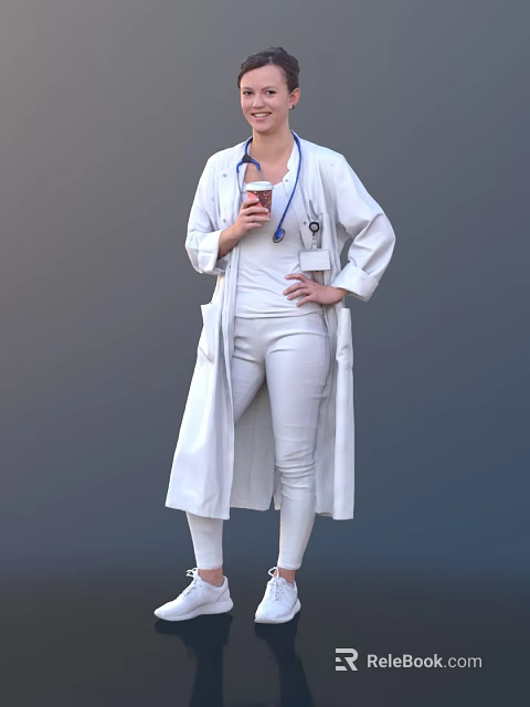 Woman Doctor in White Coat With Stethoscope Holding Coffee Cup Standing 3d model 
