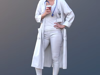 Woman Doctor in White Coat With Stethoscope Holding Coffee Cup Standing 3d model