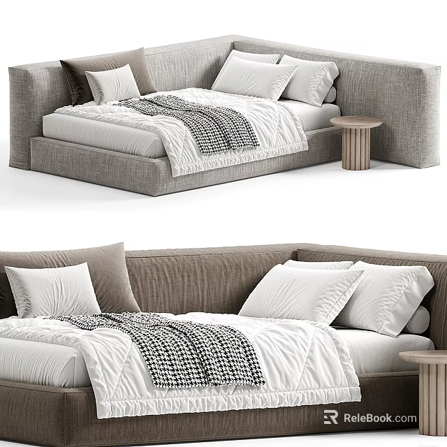 Cozy Children's Bed With Soft Pillows Blanket And Wooden Side Table 3d model 