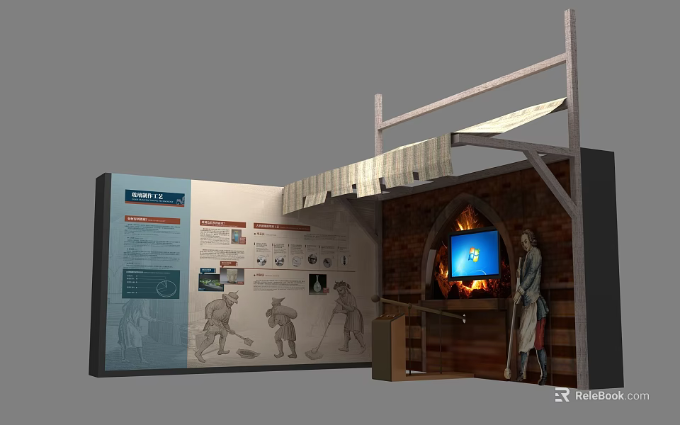 Historical Exhibition Display With Information Panel Figure Model And Screen 3d model 