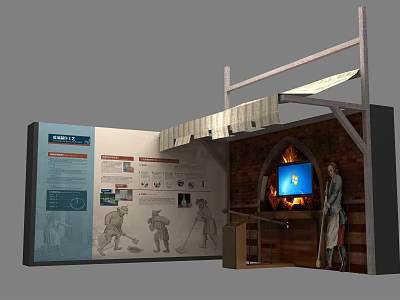 Historical Exhibition Display With Information Panel Figure Model And Screen 3d model