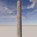 Tall Stone Pillar with Intricate Dragon Carvings Standing Against Blue Sky and White Clouds