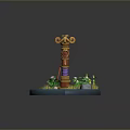 Decorative Wooden Household Ornament With Circular Gong And Carved Pillars On Blue Base