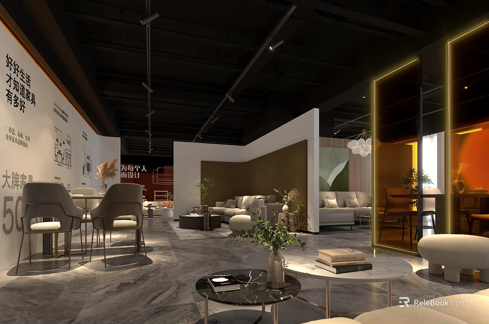 Elegant Modern Mall Furniture Store Display With Sofas Tables Green Plants And Chandeliers 3d model 