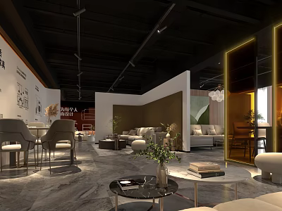 Elegant Modern Mall Furniture Store Display With Sofas Tables Green Plants And Chandeliers 3d model