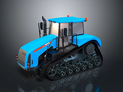Blue Tracked Tractor With Cabin Headlights And Orange Warning Lights 3d model