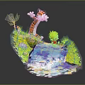Cartoon Scene With Playful Tiger And Boy On Bamboo Bridge Over Water Stream