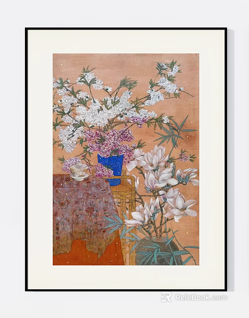 Botanical Painting With White Purple Flowers In Blue Vase On Table And Cloth 3d model 