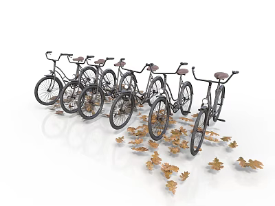 Row of Classic Bicycles with Brown Fallen Leaves on White Background 3d model