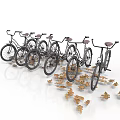 Row of Classic Bicycles with Brown Fallen Leaves on White Background