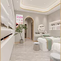 Modern Elegant Beauty Hair Salon Interior With Arched Doorways Green Sofas Pink Chairs Display Shelves