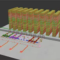 Yellow Multi Story Industrial Buildings Arranged In Rows With Track System And Storage Setup