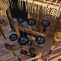 Outdoor Garden Landscape Design With Bamboo Structure Umbrella Decorations And Green Plants