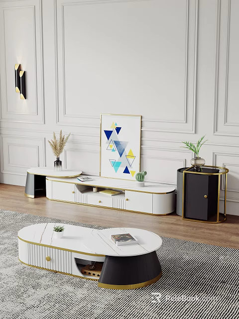 Elegant Modern TV Stand White Black Finish Golden Accents Storage Drawers Decorative Painting Potted Plants 3d model 