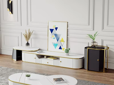 Elegant Modern TV Stand White Black Finish Golden Accents Storage Drawers Decorative Painting Potted Plants 3d model
