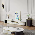 Elegant Modern TV Stand White Black Finish Golden Accents Storage Drawers Decorative Painting Potted Plants
