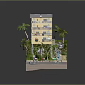 Multi Story Yellow Beachfront Building Model With Palm Trees And Colorful Beach Umbrellas