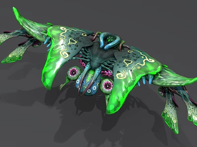 Green Biomechanical Sci Fi Fighter Jet With Decorative Patterns And Glowing Elements 3d model