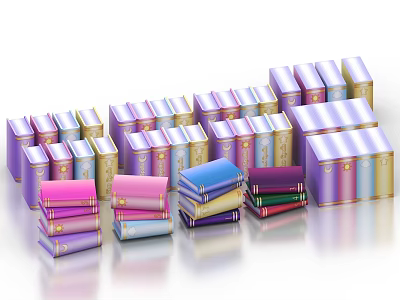 Neatly Arranged Colorful Books Magazines Stack With Purple Pink Blue Gold Covers 3d model