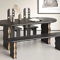 Modern Black Oval Dining Table Set With Wooden Legs Chairs Bench And Decorative Accents