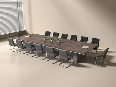 Modern Conference Table With Wooden Top Black Chairs Green Plants And Papers In Meeting Room 3d model