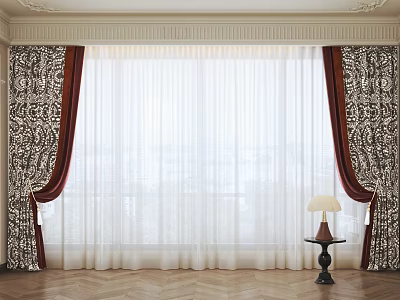 Elegant Patterned Curtains With White Sheer Layer And Table Lamp On Wooden Floor 3d model