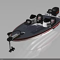 Modern Recreational Fishing Boat with Black Seats Outboard Motor and Red Striped Deck