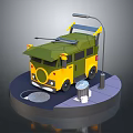 3D Model Green Yellow Bus With Street Lamp Fire Hydrant Manhole Cover On Circular Platform