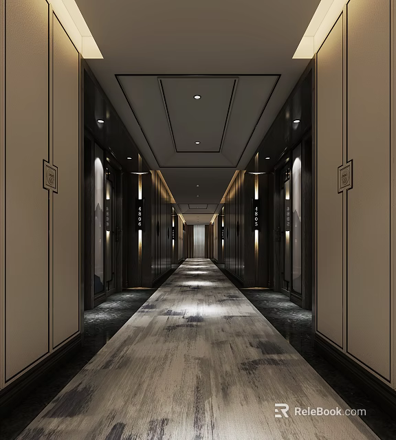 Modern Hotel Corridor Interior With Recessed Lighting And Patterned Carpet 3d model