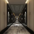 Modern Hotel Corridor Interior With Recessed Lighting And Patterned Carpet 3d model