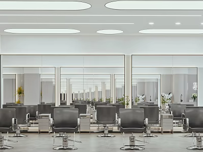 Modern Spacious Hair Salon Interior Design With Styling Chairs And Mirrors 3d model