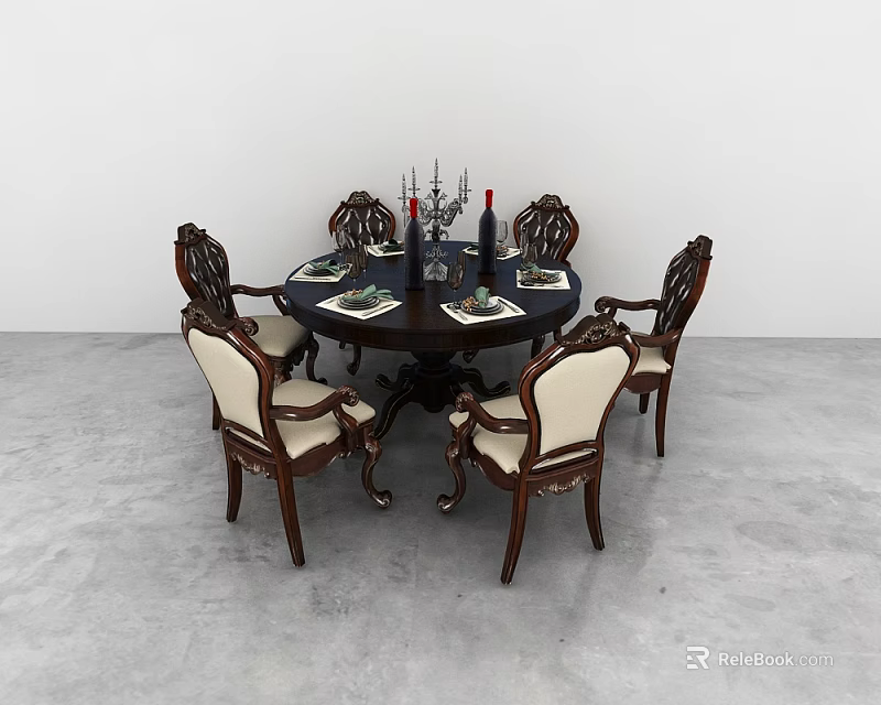 Elegant Round Wooden Dining Table Set With Six Carved Chairs And Tableware 3d model
