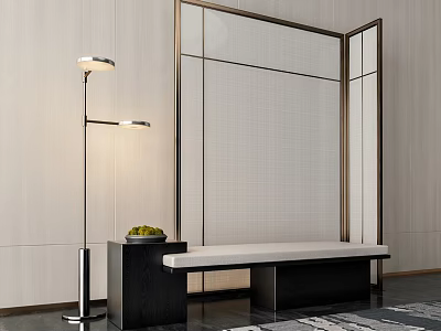 Modern Style Sofa Bench With White Cushion Black Frame And Floor Lamp Near Wooden Wall 3d model