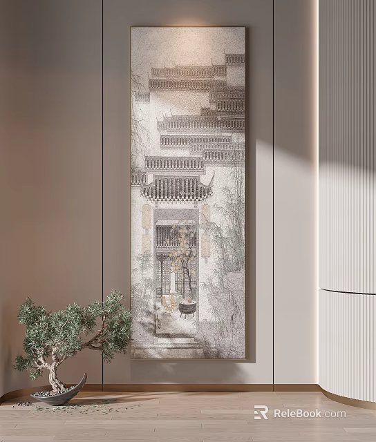 Traditional Chinese Architecture Artwork On Wall With Green Plant Interior Decor 3d model 