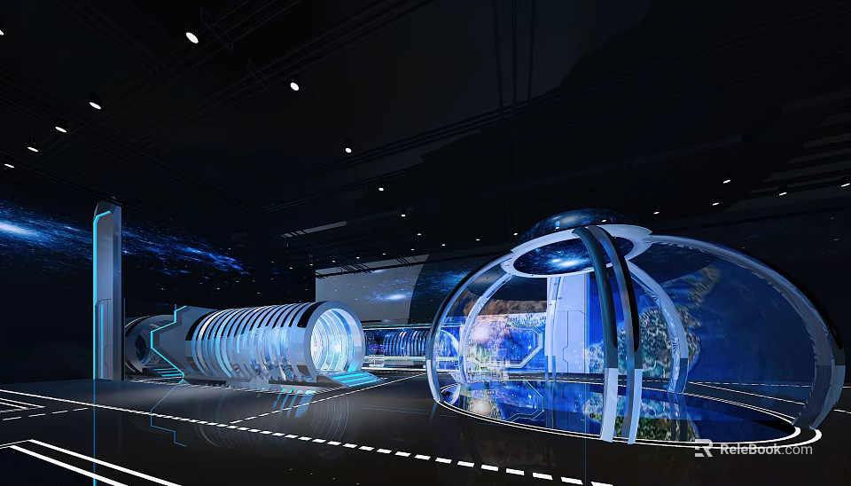 Futuristic Exhibition Space With Transparent Spherical Structure And Illuminated Tunnel 3d model 