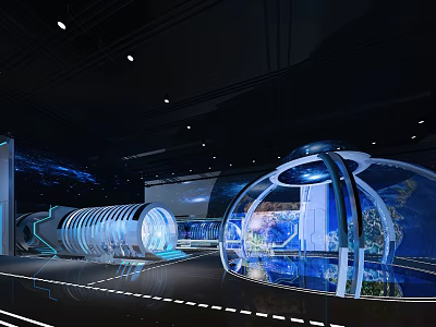 Futuristic Exhibition Space With Transparent Spherical Structure And Illuminated Tunnel 3d model