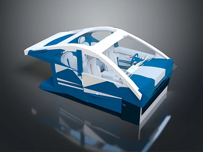 Transparent Spacecraft Interior With Blue White Design Seats And Control Console 3d model