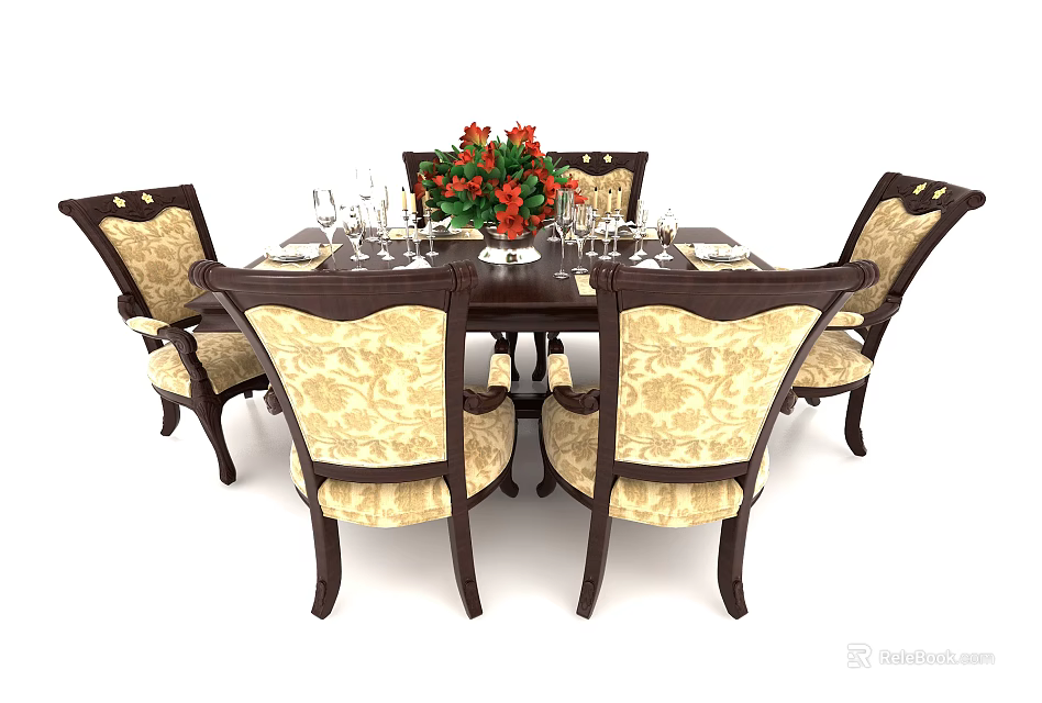 Classic Dining Table Set With Upholstered Floral Chairs Flower Centerpiece Wine Glasses And Tableware 3d model 