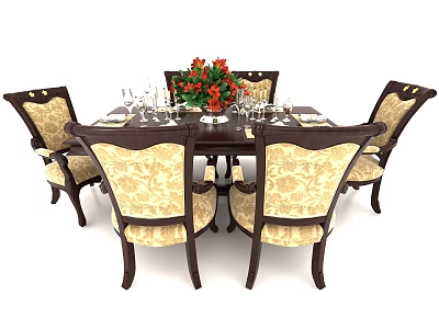 Classic Dining Table Set With Upholstered Floral Chairs Flower Centerpiece Wine Glasses And Tableware 3d model