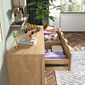 Wooden Storage Cabinet With Rattan Texture Drawers Golden Handles And Decorative Plants Vase In Interior