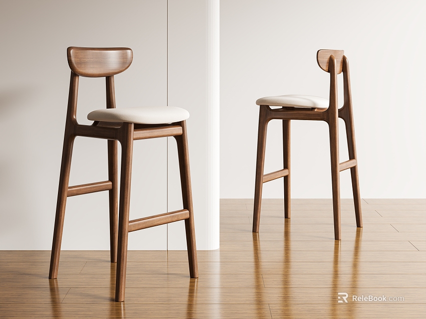 Modern Wooden Bar Stools With Light Seat And Curved Backrest In Minimalist Room 3d model 