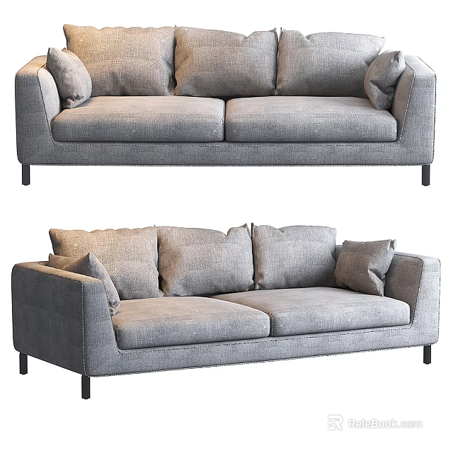 Gray Two Seater Fabric Sofa with Comfortable Pillows and Black Legs Modern Living Room Furniture 3d model 