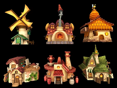 Cute Cartoon Fairy Tale Houses with Various Styles Windmill Vines Chimney and Colorful Unique Roofs 3d model