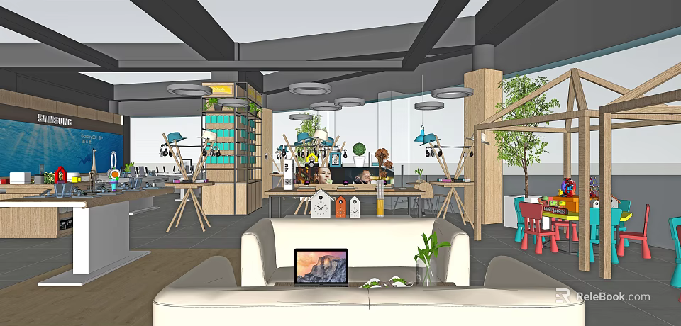 Modern Digital Store Interior With Display Shelves Digital Products And Lighting 3d model 