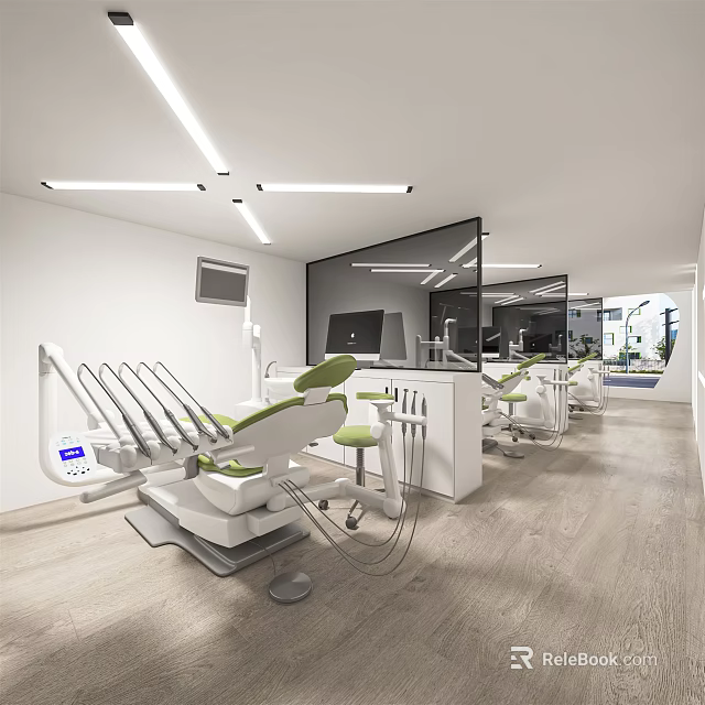 Modern Dental Clinic Interior With Green Dental Chair And Medical Equipment 3d model 