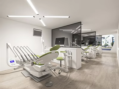 Modern Dental Clinic Interior With Green Dental Chair And Medical Equipment 3d model