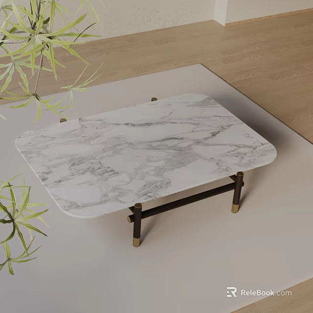 Modern Sofa Coffee Table Set Featuring Marble Tabletop Metal Legs And Green Plants 3d model