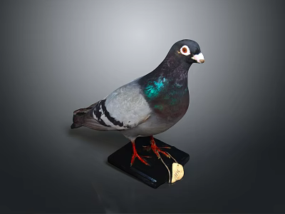Taxidermy Pigeon Gray Feathers With Green Iridescent Neck Standing On Black Base With Gold Tag 3d model