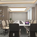 Modern Conference Room Interior With Long Table Chairs Digital Monitor And Wall Shelves