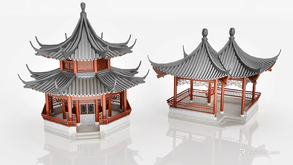 Chinese Traditional Pavilion Models With Wooden Structure And Tiled Roof Designs 3d model 